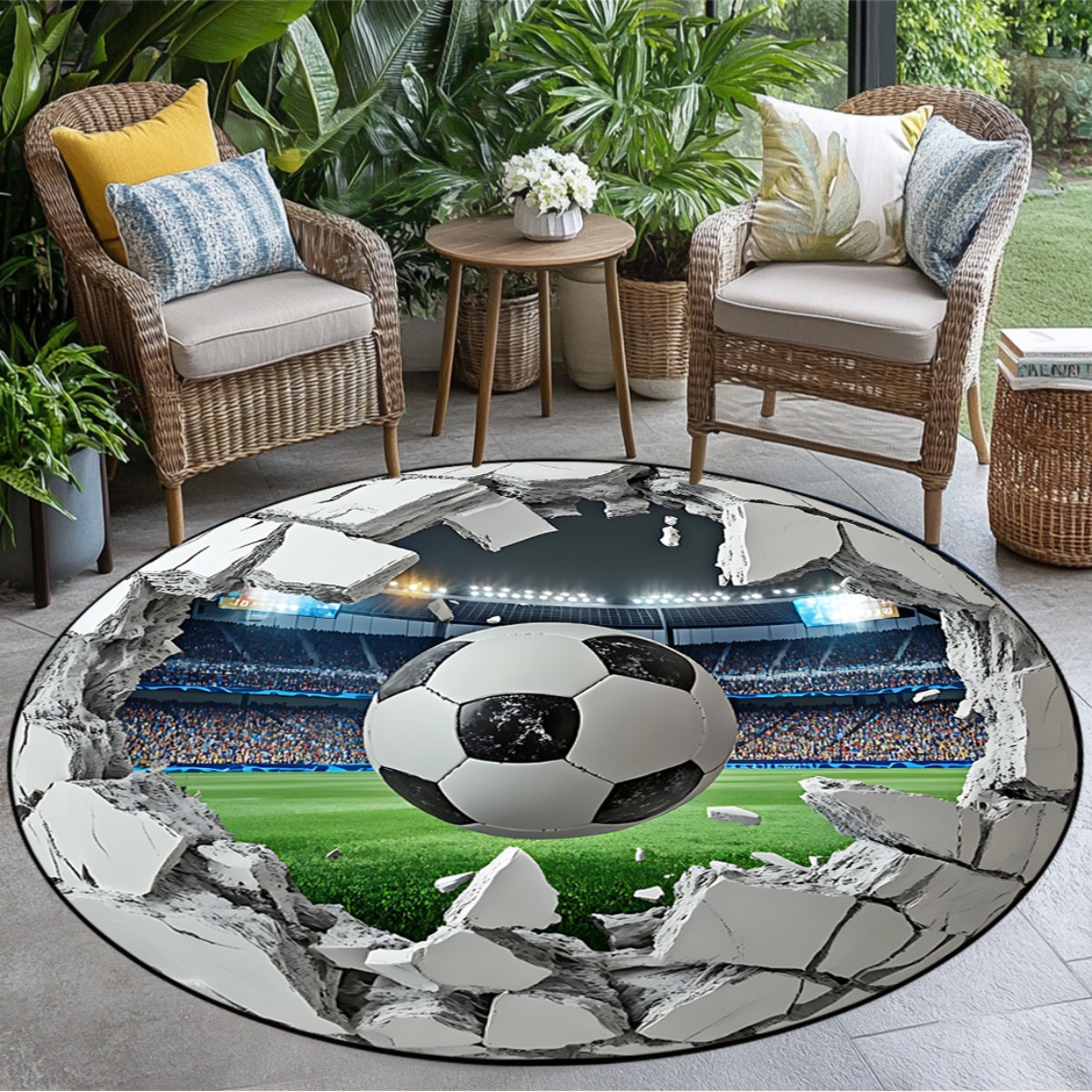 Kids Outdoor Mat Waterproof - 3D Futbol Sahası Yuvarlak Halı, Gerçekçi
