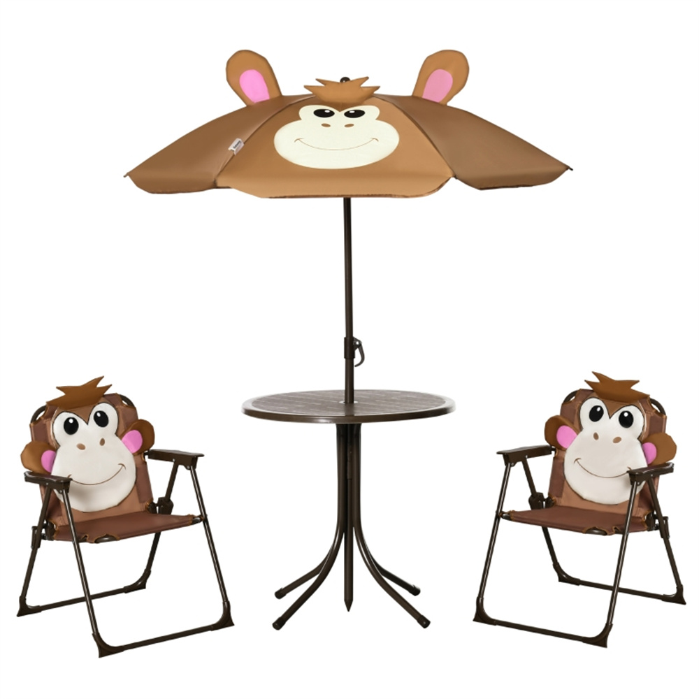 Kids Outdoor Table And Chairs With Umbrella - Sevimli Maymun Çocuklar İçin Veranda Masa