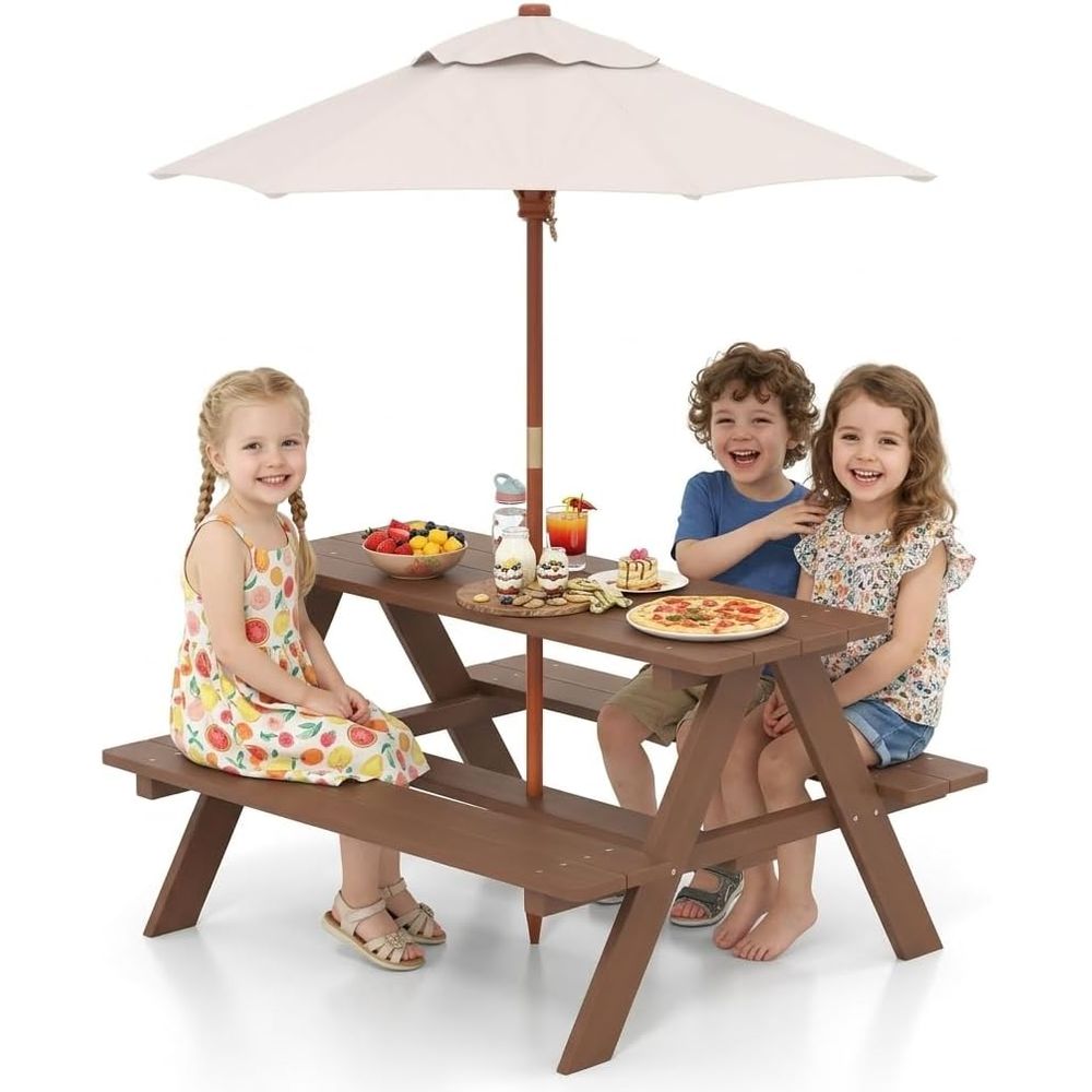 Kids Outdoor Table And Chairs With Umbrella - Çocuk Piknik Masası, Ahşap Çocuk Dış