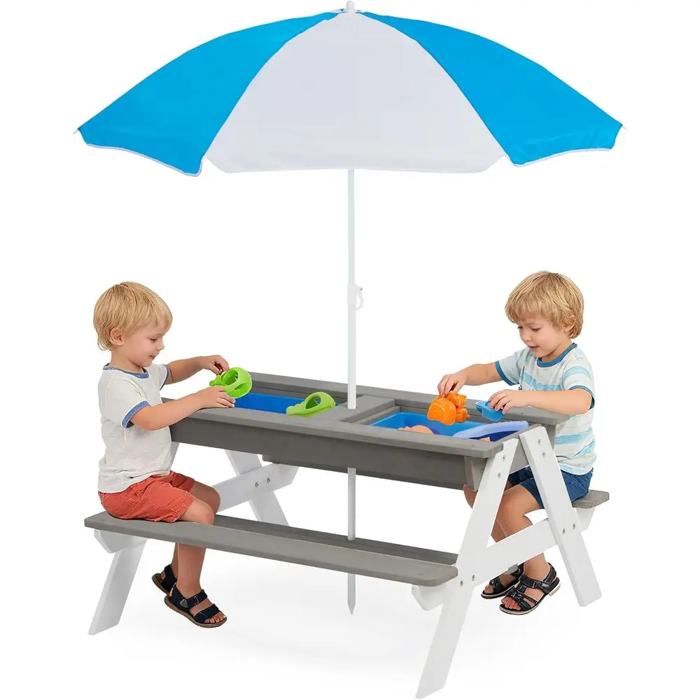 Kids Outdoor Table With Umbrella - Çocuklar için 3'ü 1 Arada Ahşap