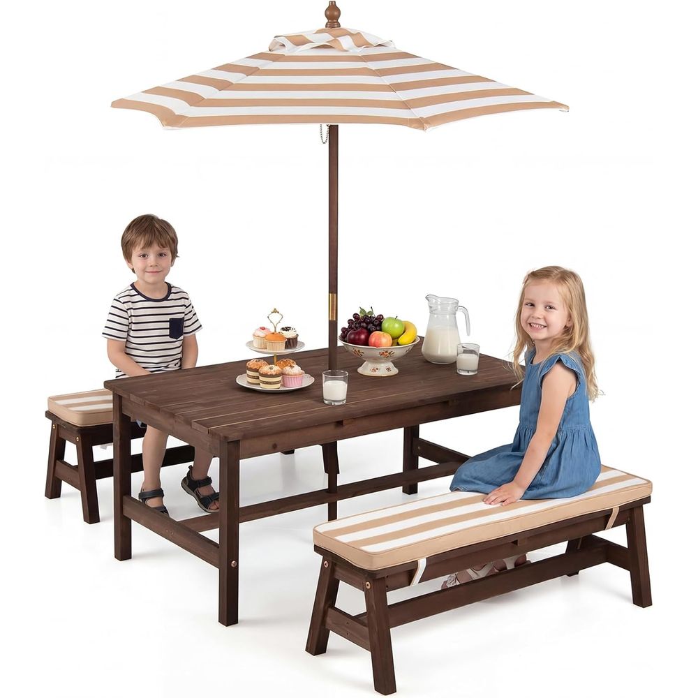 Kids Outdoor Table With Umbrella - Çocuk Piknik Masası, Ahşap Küçük Çocuklar