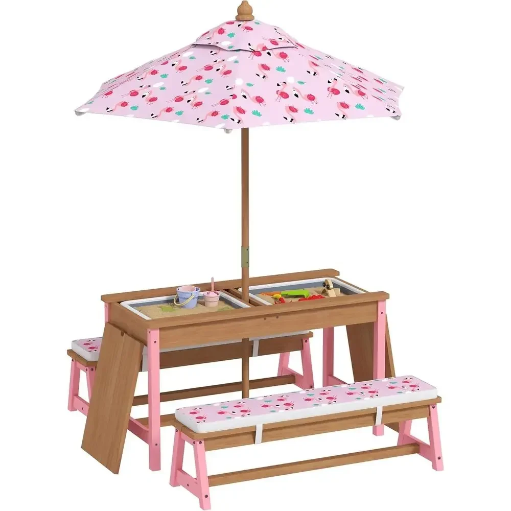 Kids Outdoor Table With Umbrella - Şemsiye, Minderler ve Saklama Kutularıyla Birlikte